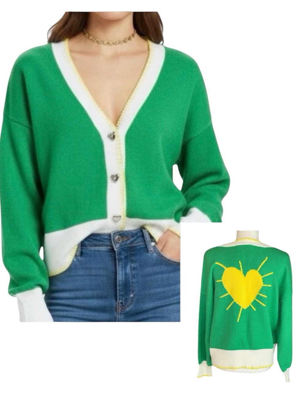 Kerri Rosenthal XO Drippy Heart Green Yellow Cadigan - L